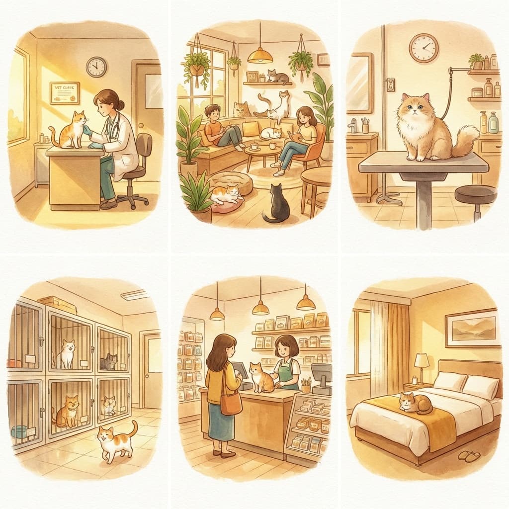 Illustrations of pet businesses including a vet clinic, cat cafe, grooming salon, shelter, pet store, and pet-friendly hotel