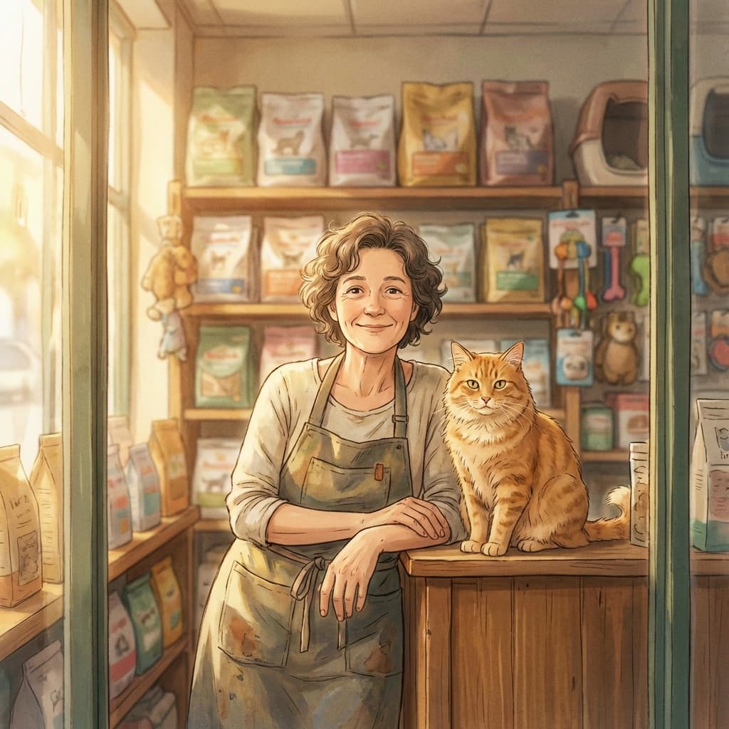 Smiling pet store owner with a shop cat, premium product displays