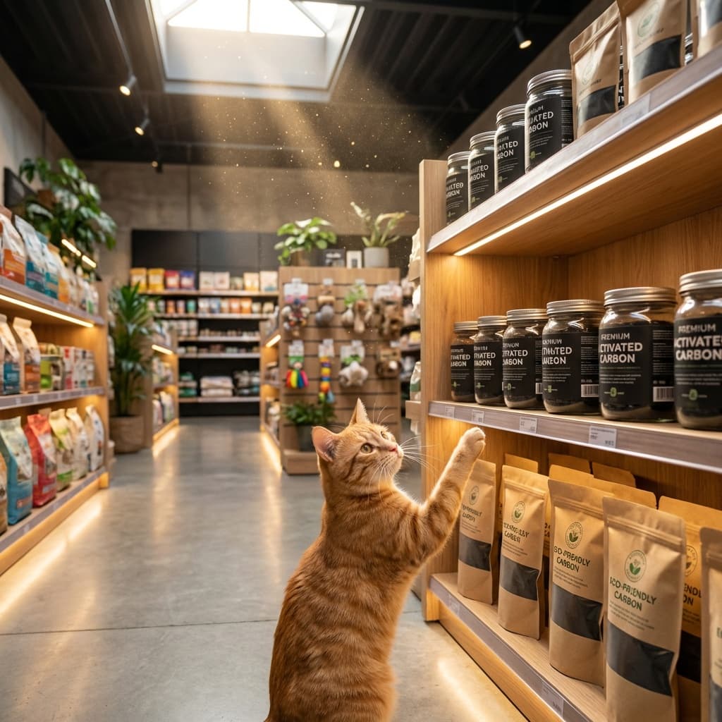 Clean pet store interior with shelf displays and a curious cat