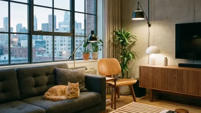 Salon d'appartement urbain calme avec un chat détendu sur le canapé et aucune odeur de litière dans l'air