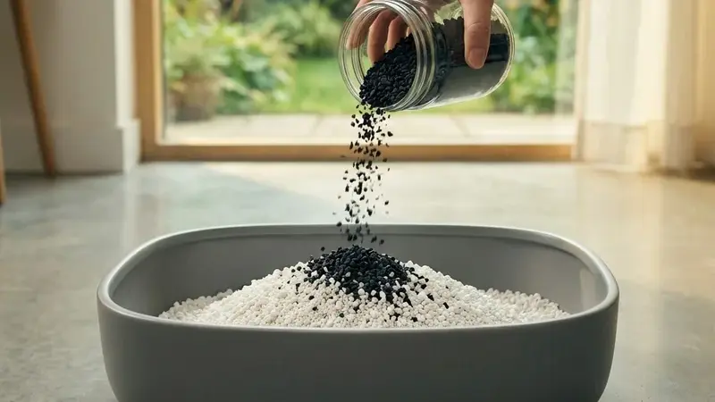 Main saupoudrant des granules noires de charbon actif sur une litière blanche fraîche dans un bac gris