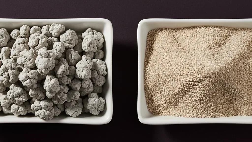 Deux plateaux vus de haut : argile grise grossière à agglomération dure à côté d'une argile beige fine