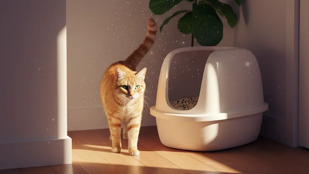 Chat roux sortant d'un bac à litière propre traité aux granules de charbon actif dans un couloir lumineux à l'air frais