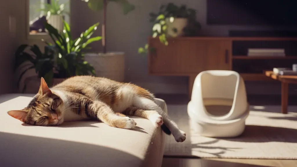 Chat endormi dans un salon ensoleillé avec un bac à litière propre à proximité et un air visiblement pur