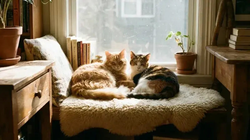Two cats napping together on a sheepskin by a sunny window in a fresh-smelling reading nook