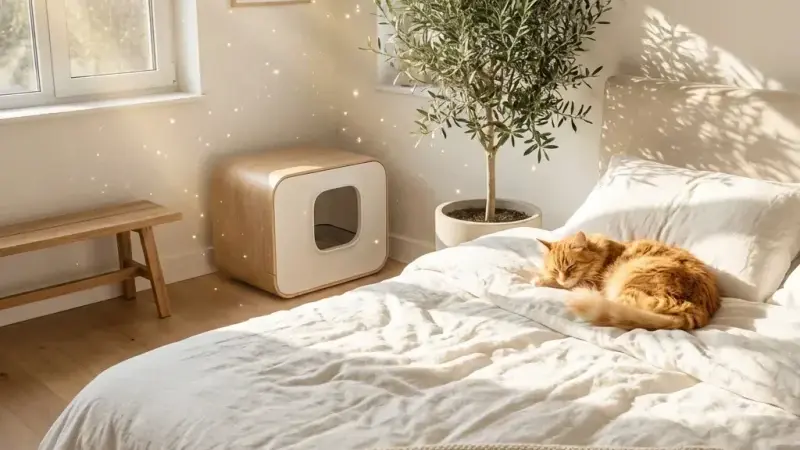Chat orange endormi sur un lit dans une chambre calme à l'air frais, avec un bac à litière fermé dans le coin