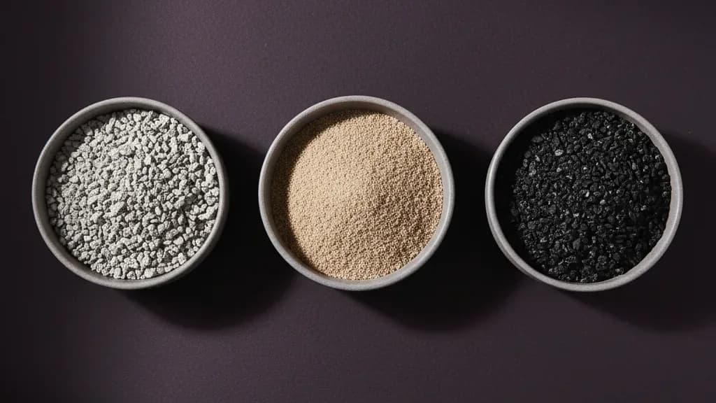 Trois bols vus de haut : litière d'argile grise grossière, litière d'argile beige fine et granules noires de charbon actif