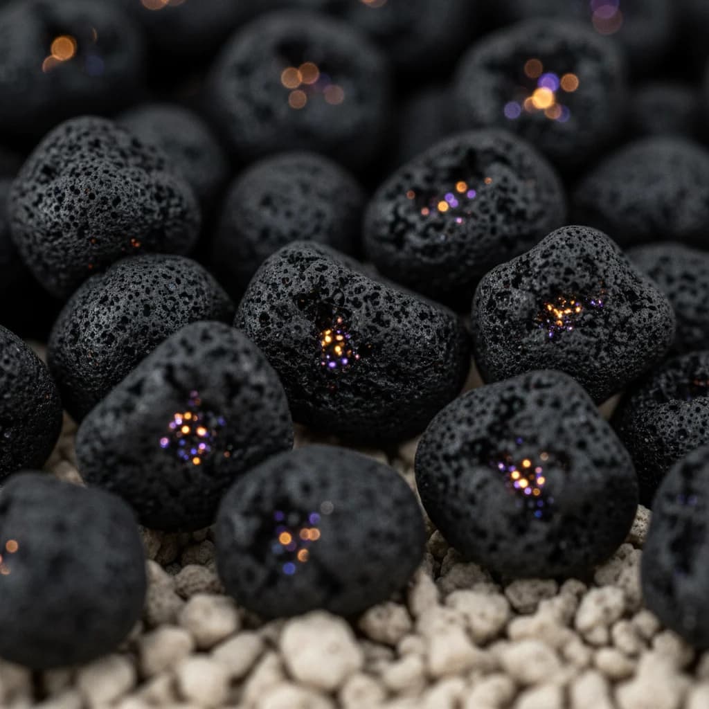 Vue macro de granules noires de charbon actif avec les molécules d'odeur capturées qui luisent à l'intérieur des pores, l'air au-dessus parfaitement clair