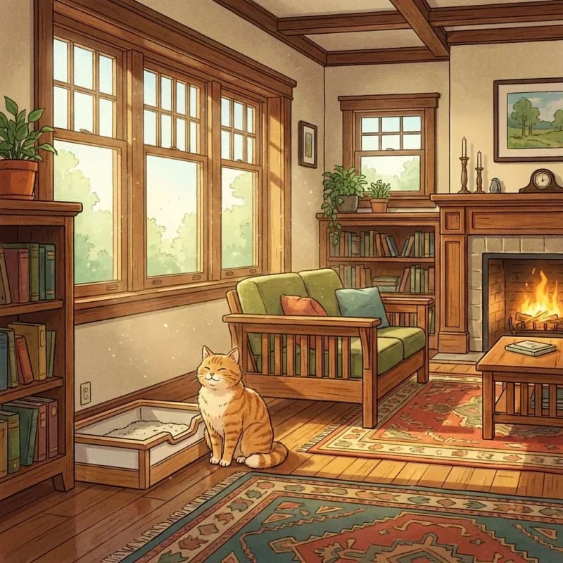 Cozy illustrated home with cat