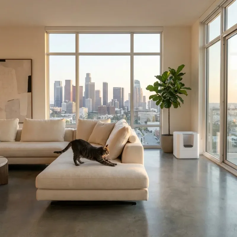 Fresh American living room with happy cat