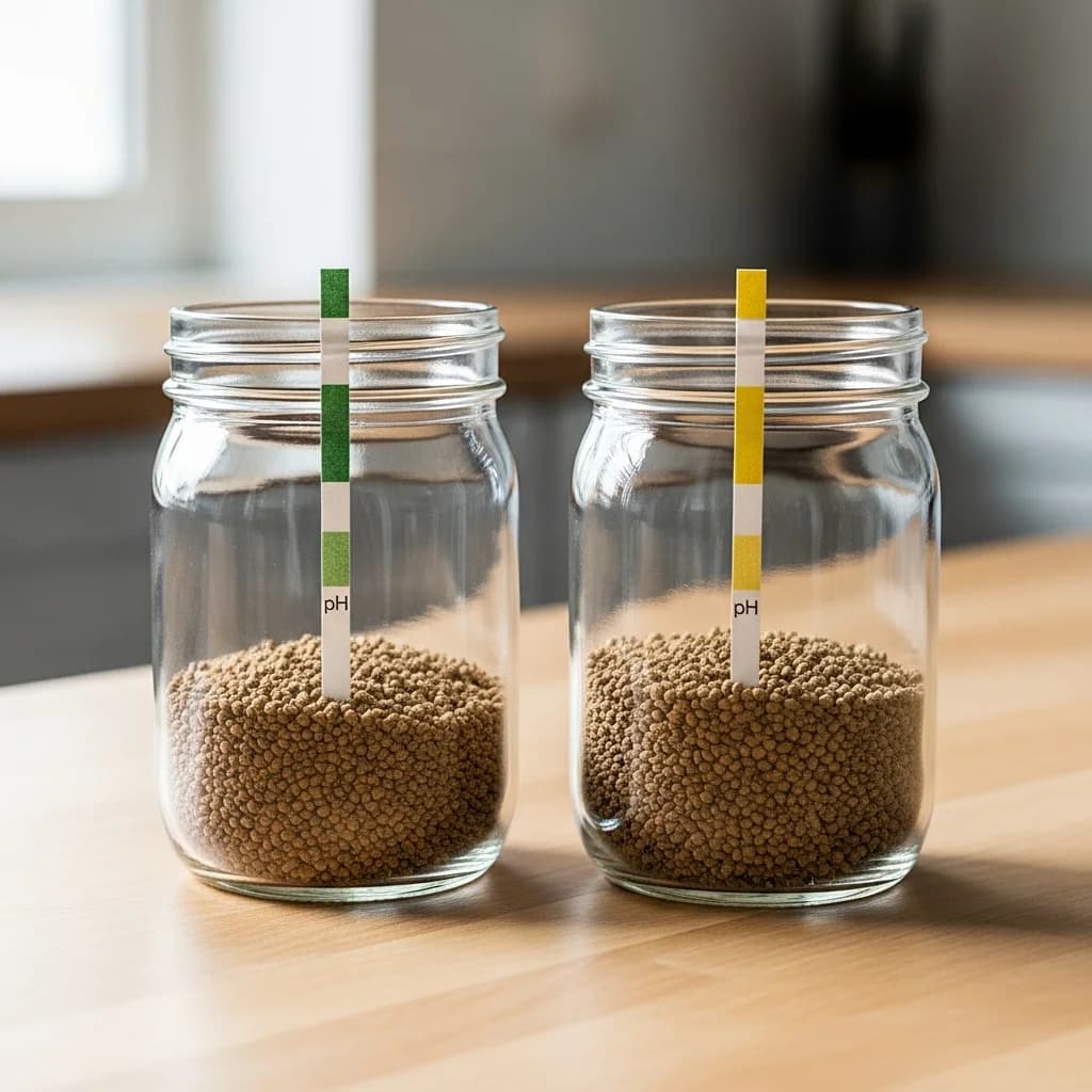 Two clear glass jars side by side on a wooden counter with pH test strips, illustrating the bench test setup