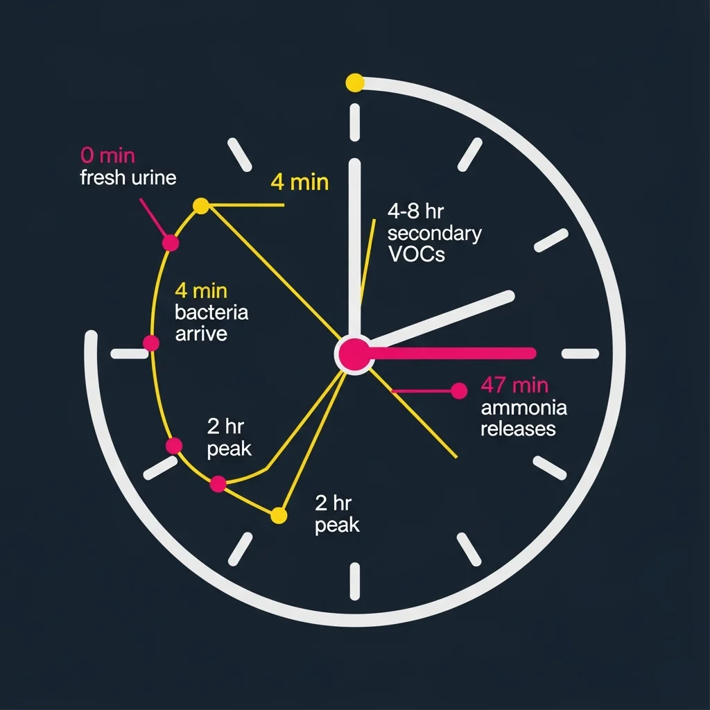 Timeline clock showing urea-to-ammonia conversion stages from fresh urine to peak ammonia release