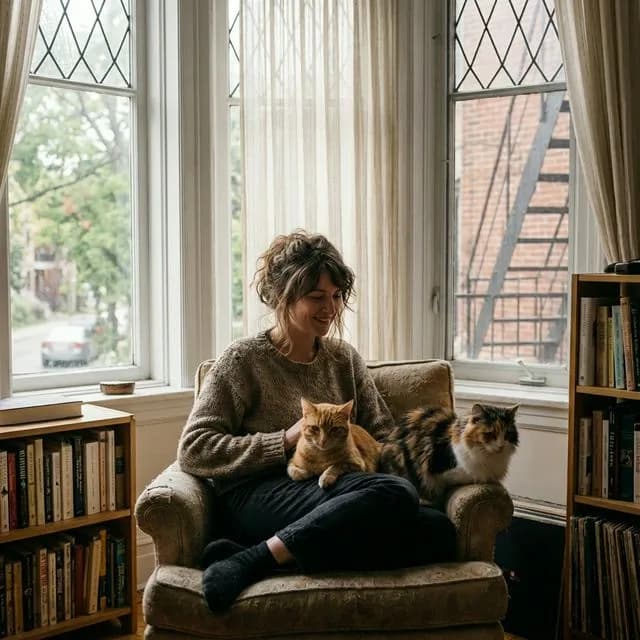 Sarah from Montreal with her cats in her apartment