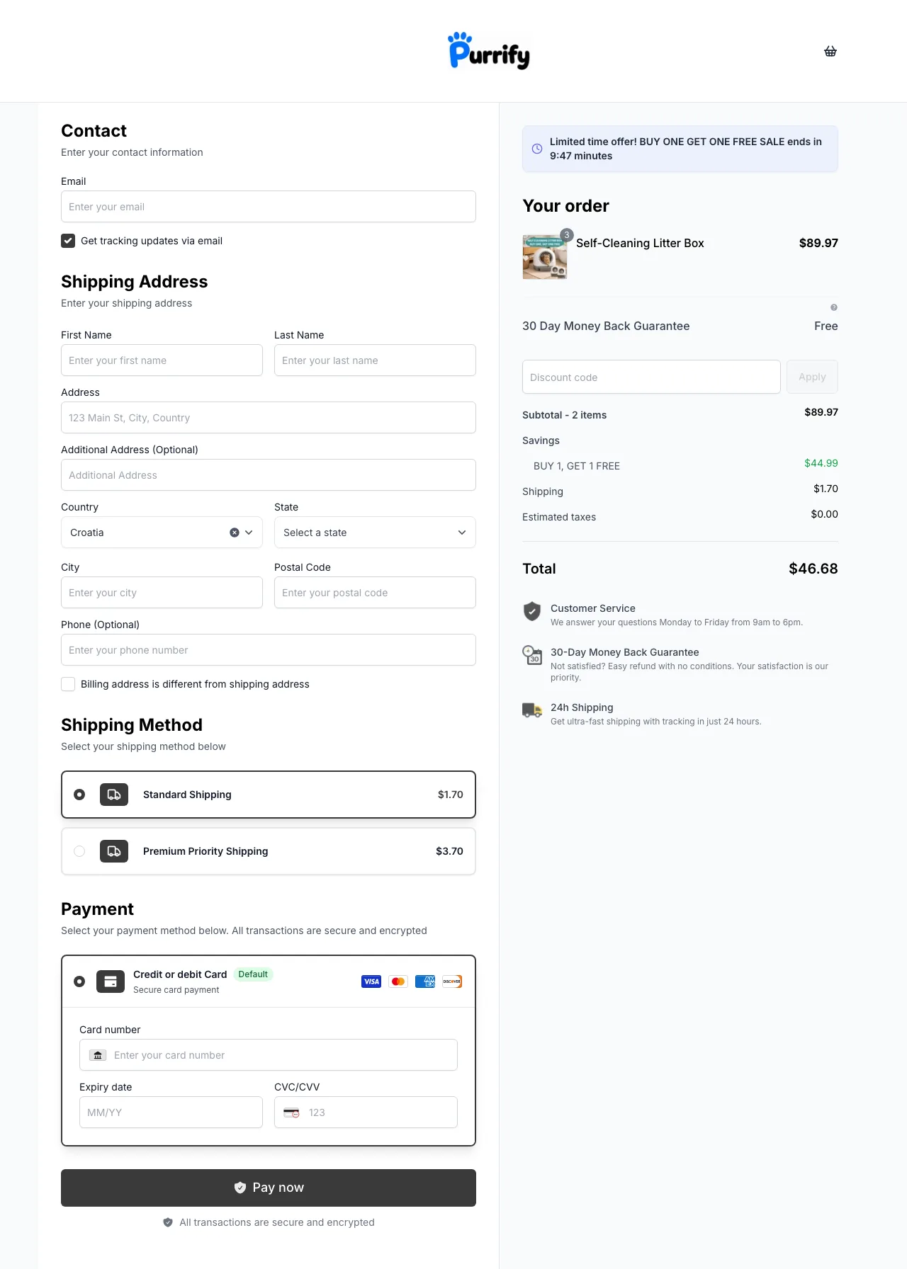 Screenshot of the fake buypurrify.com checkout page asking for full credit card details