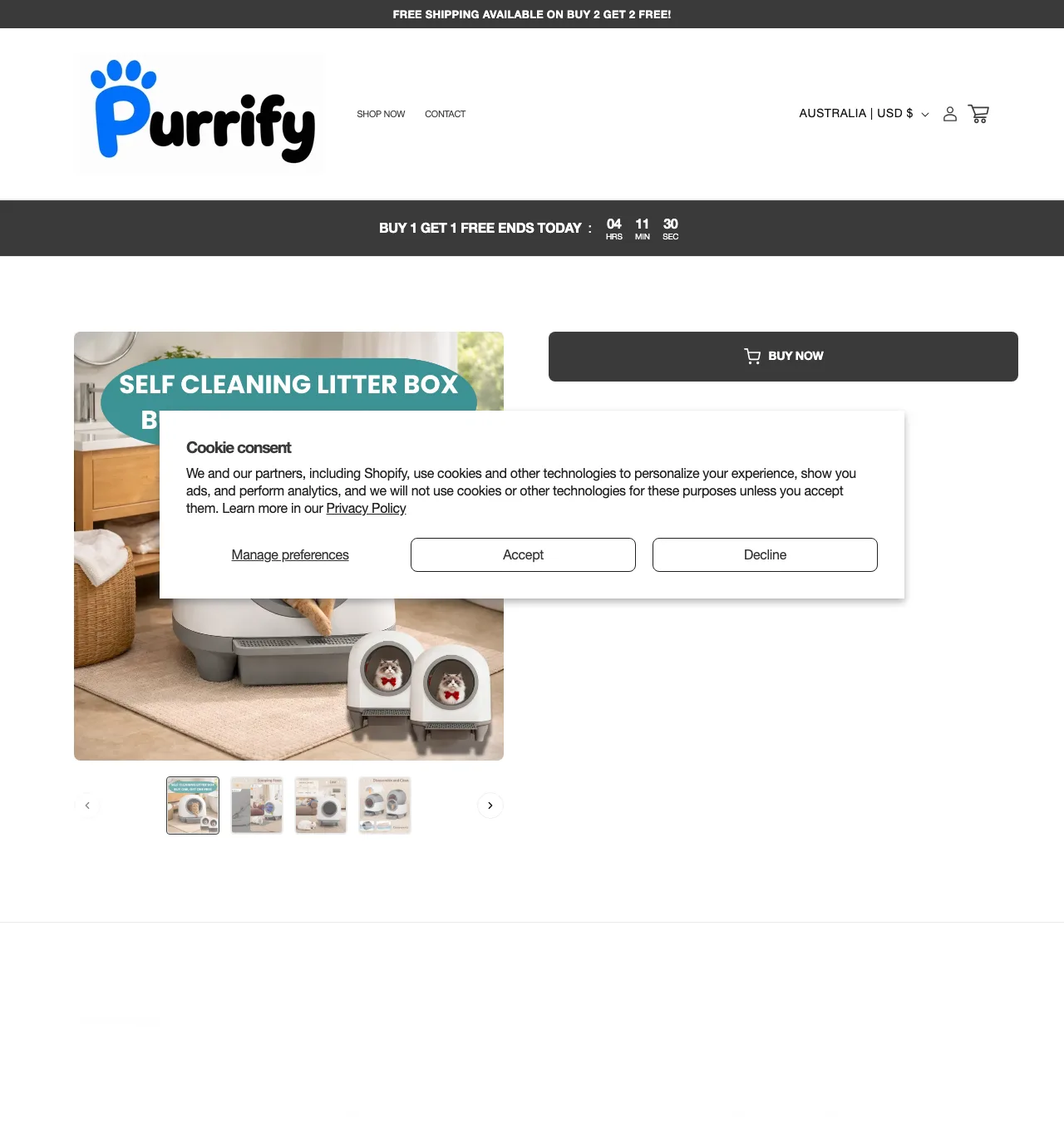 Screenshot of the buypurrify.com fake storefront borrowing the Purrify name to sell a litter box