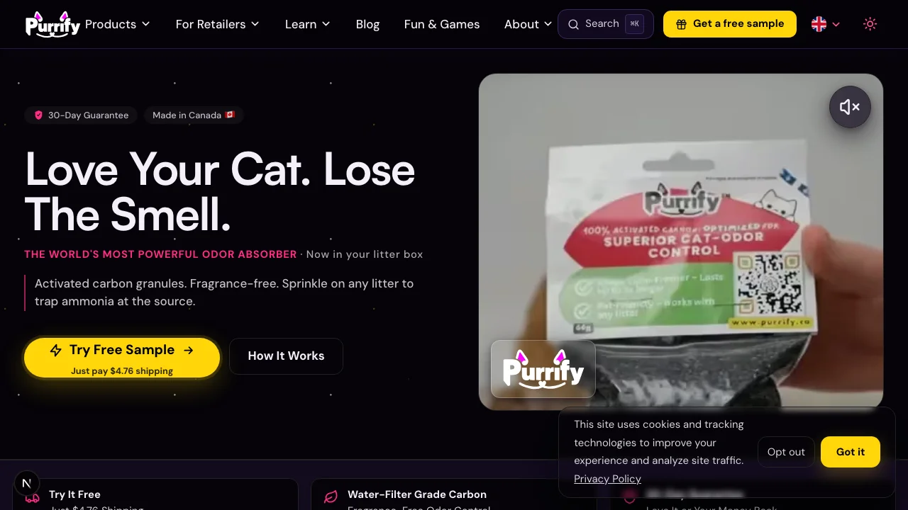 Screenshot of the real Purrify website at purrify.ca, showing the Purrify logo and the activated carbon additive