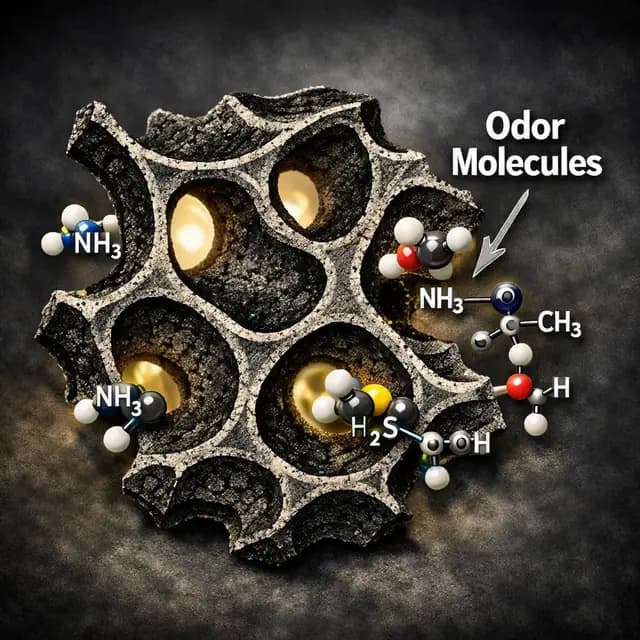Scientific diagram showing activated carbon molecular structure with micropores that trap odor molecules