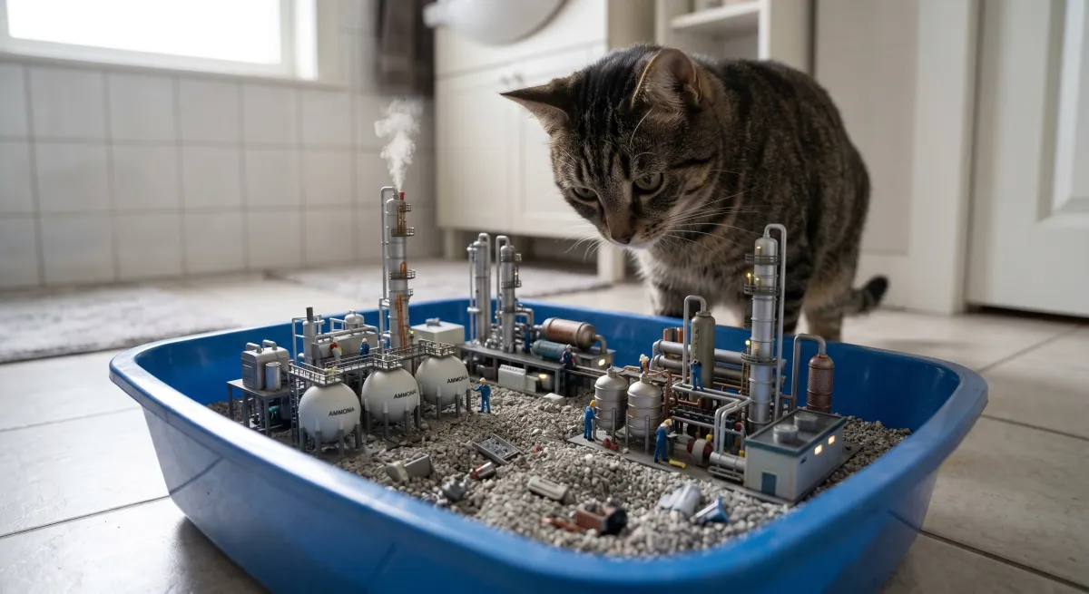 A cat inspecting a miniature ammonia plant built inside its litter box