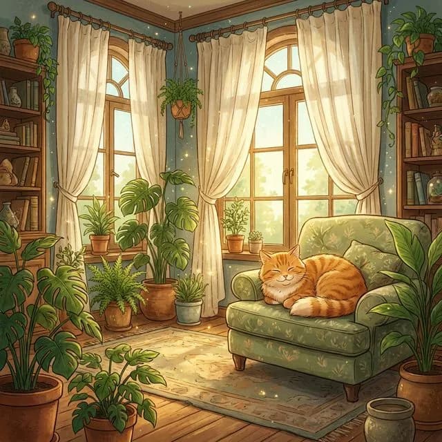 Sunlit living room with a relaxed cat and fresh, clean air