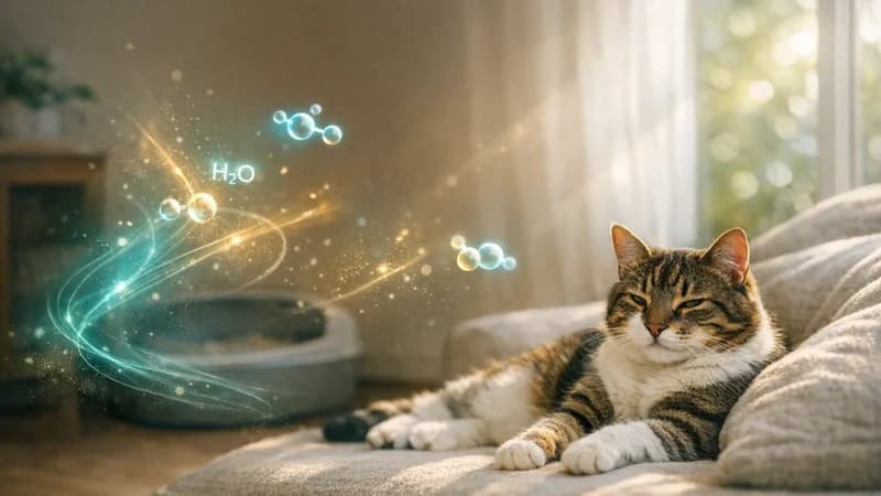 Chat détendu dans une maison lumineuse et propre avec subtils effets visuels scientifiques d'air pur