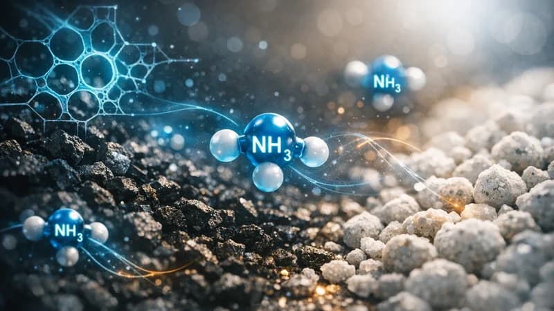 Gros plan de charbon actif et de granules de litière avec superpositions scientifiques NH3 lumineuses