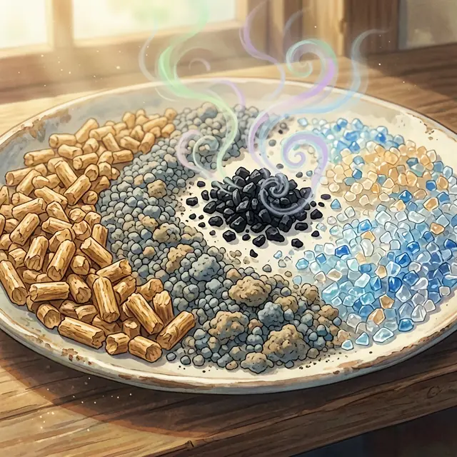 Different cat litter textures displayed side by side for comparison