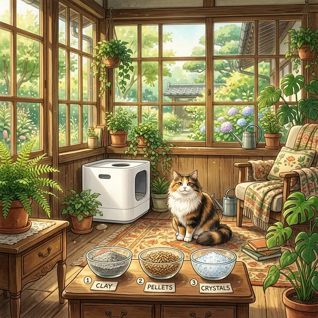 Modern cat litter box setup showing different litter materials and maintenance tools