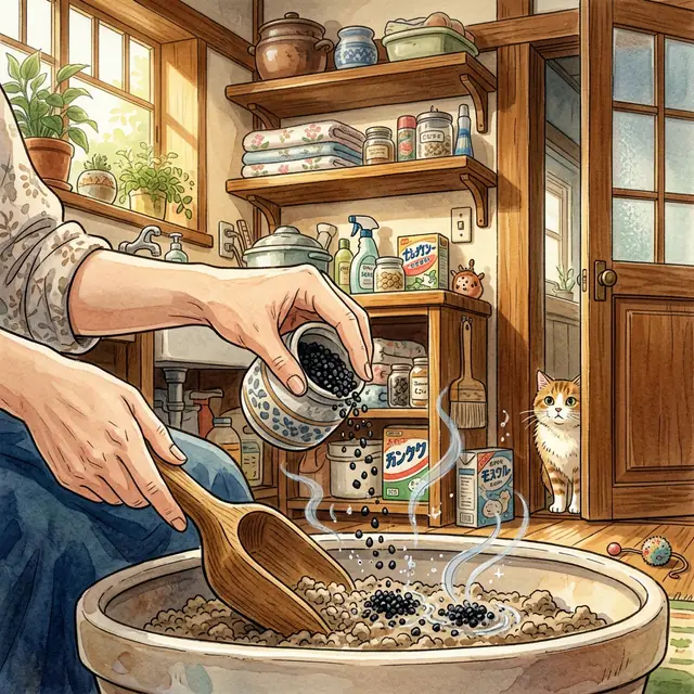 Cat owner performing a consistent litter box cleaning routine