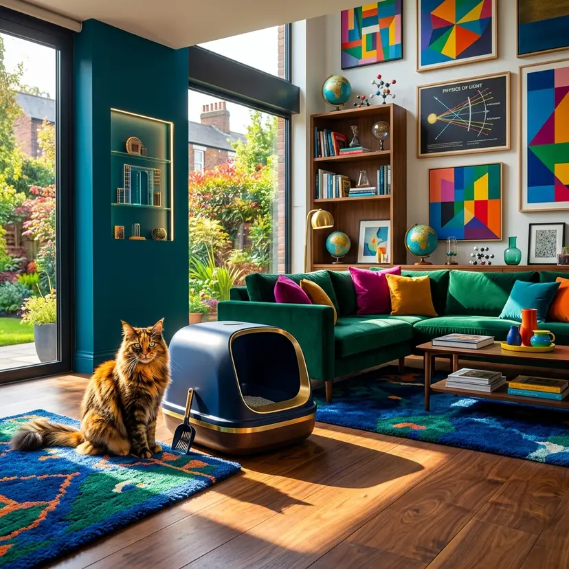 Hyper-realistic cat near a modern litter box, illustrating feline noseblindness in a vibrant home