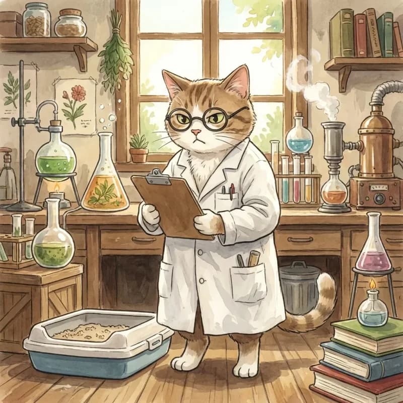 Scientist cat tracking litter box data on a clipboard in Ghibli style