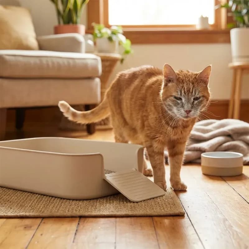 Senior orange tabby cat beside an easy-access litter box