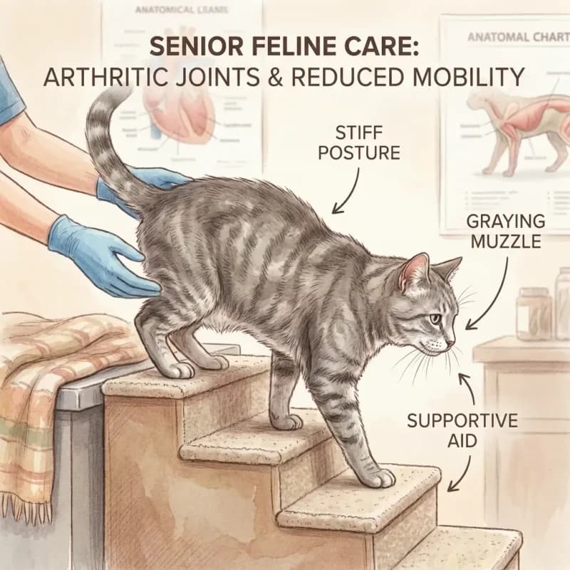 Illustration showing mobility support for a senior cat with arthritis