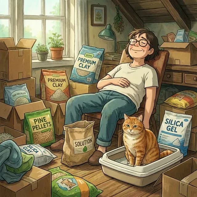 Propriétaire de chat frustré entouré de produits désodorisants inefficaces