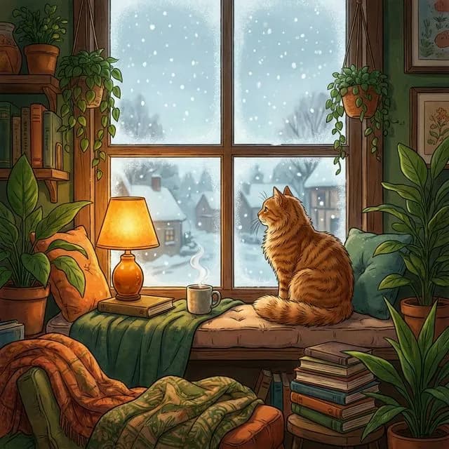 Cat looking out at winter scenery from warm room