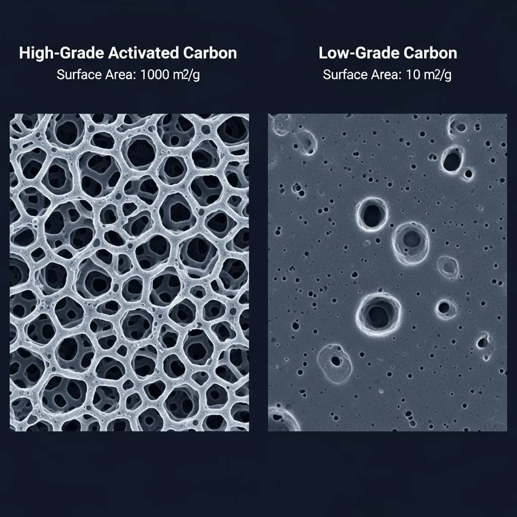 Comparaison cote a cote du carbone actif microporeux de haut grade et du carbone bas de gamme decoratif au microscope