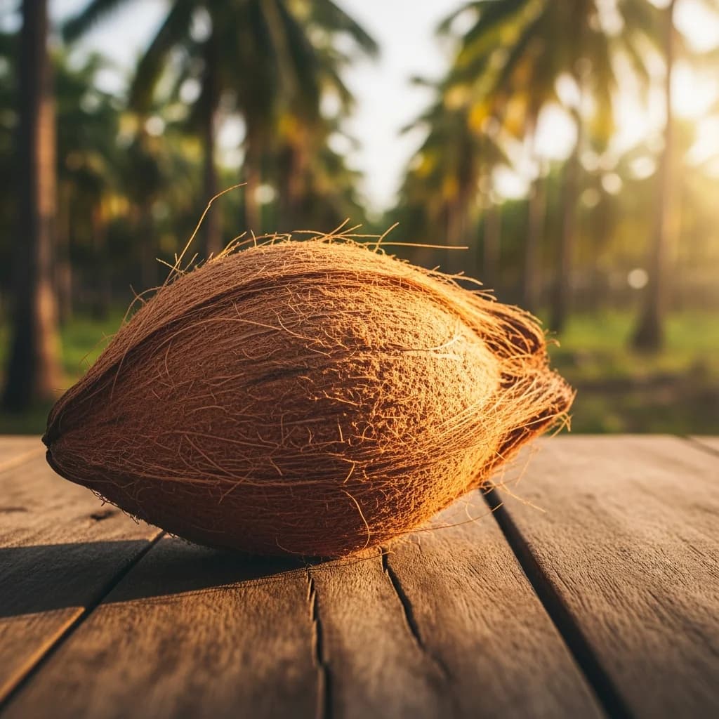 Coque de noix de coco sechant a la lumiere chaude de l'apres-midi dans une plantation philippine