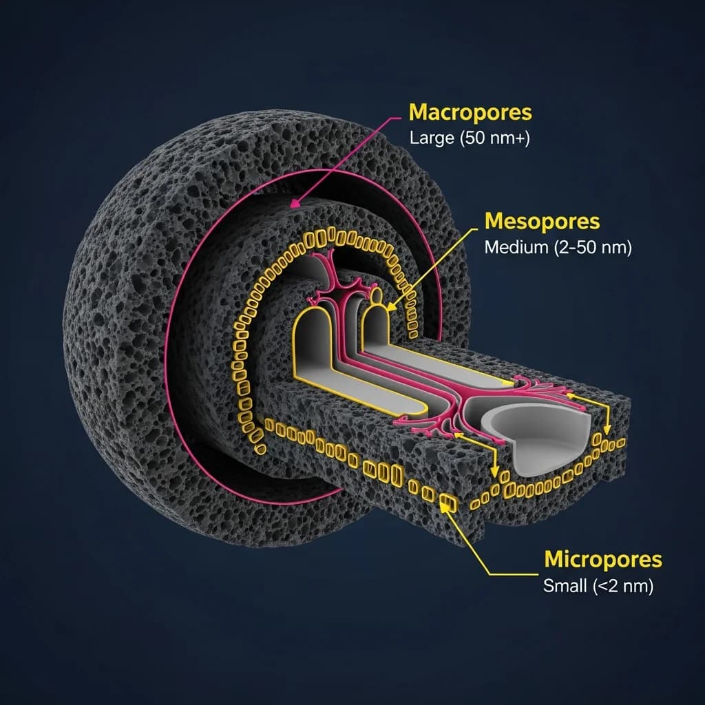 Illustration en coupe d'un granule de carbone actif montrant les macropores, mesopores et micropores a echelle relative