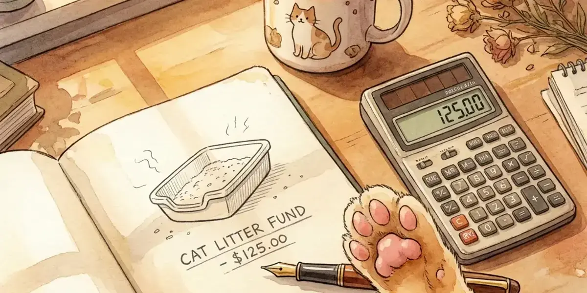 Cozy desk view with calculator, hand-drawn sketch, and a cat paw