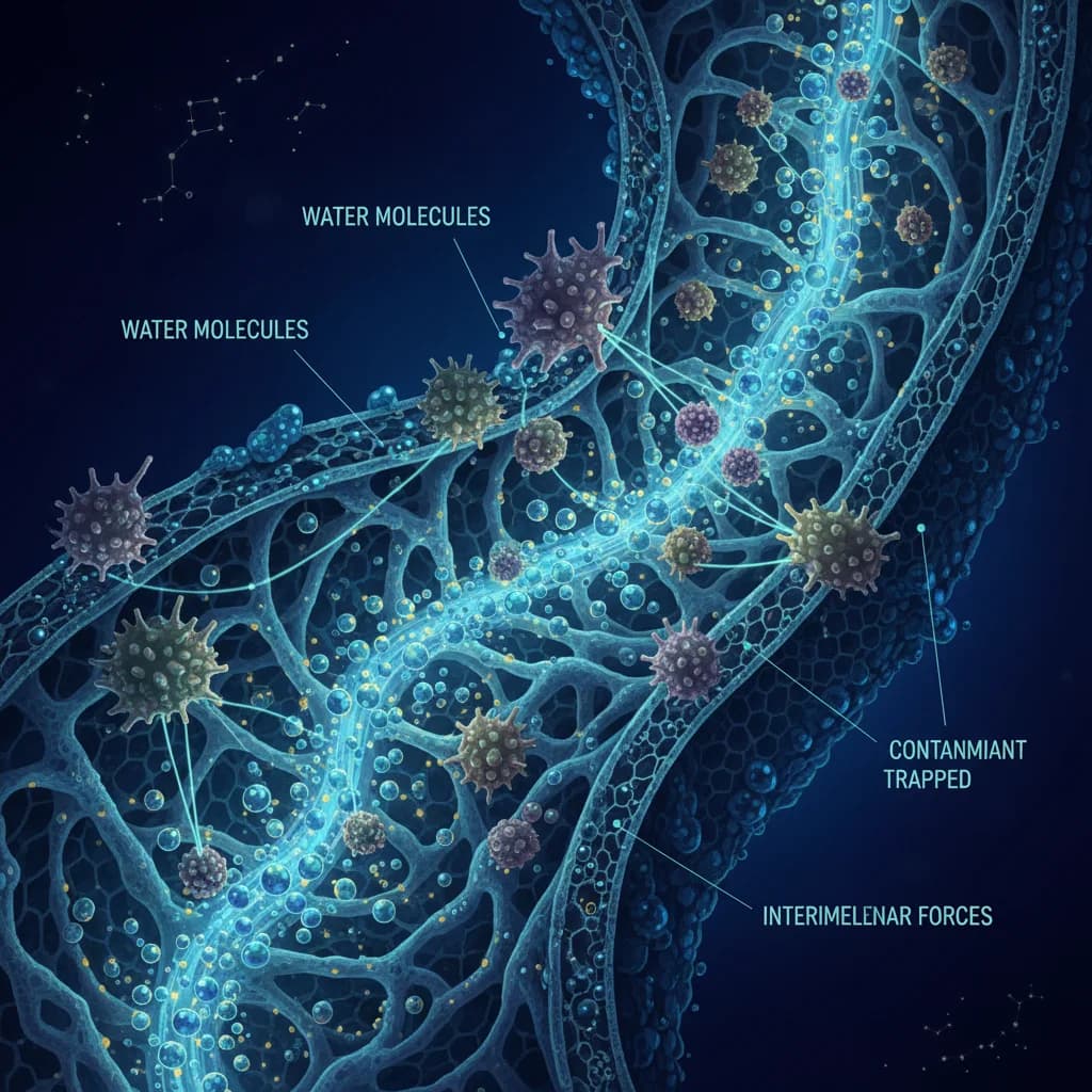 Illustration scientifique du processus d'adsorption : l'eau traverse des pores de charbon actif tandis que des contaminants y sont retenus