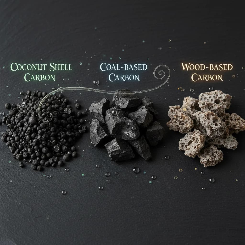 Comparaison de trois types de charbon actif : coque de noix de coco, charbon minéral et bois