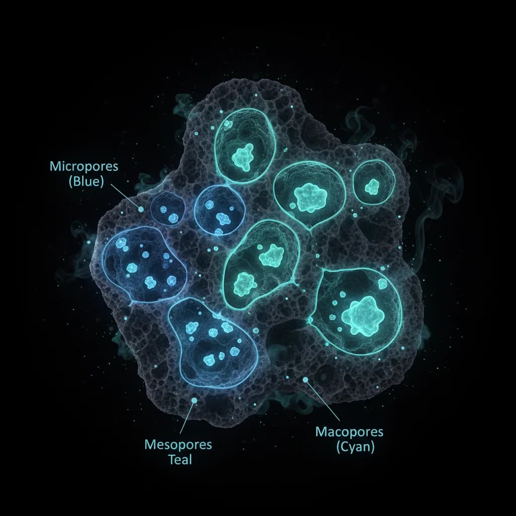 Visualisation des tailles de pores du charbon actif : micropores, mésopores et macropores