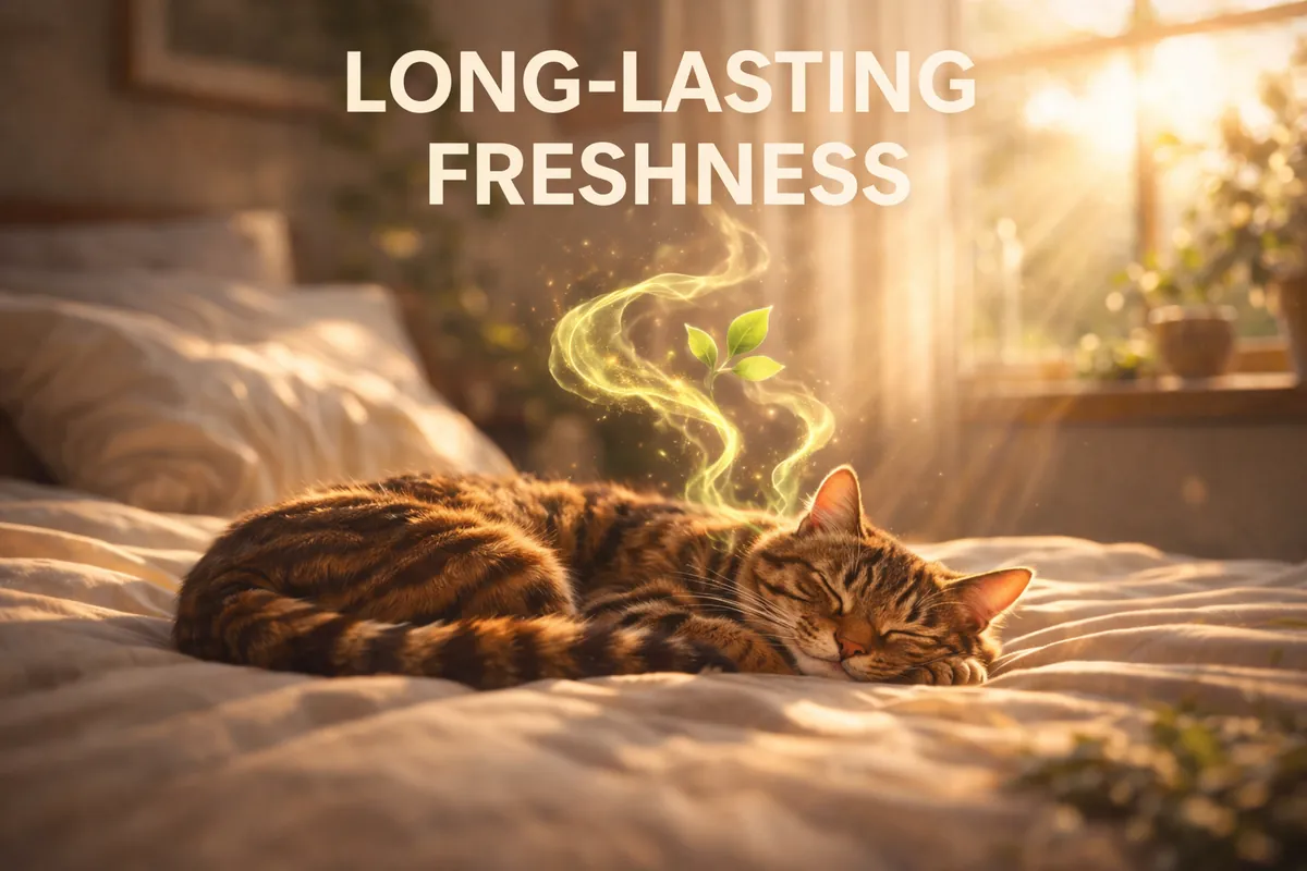 A calm cat resting in a fresh-smelling home