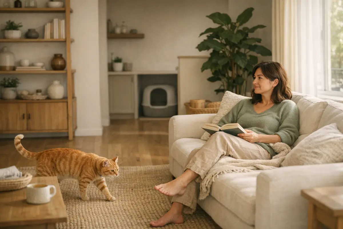 Relaxed cat owner smiling at his laptop with his cat asleep on his lap