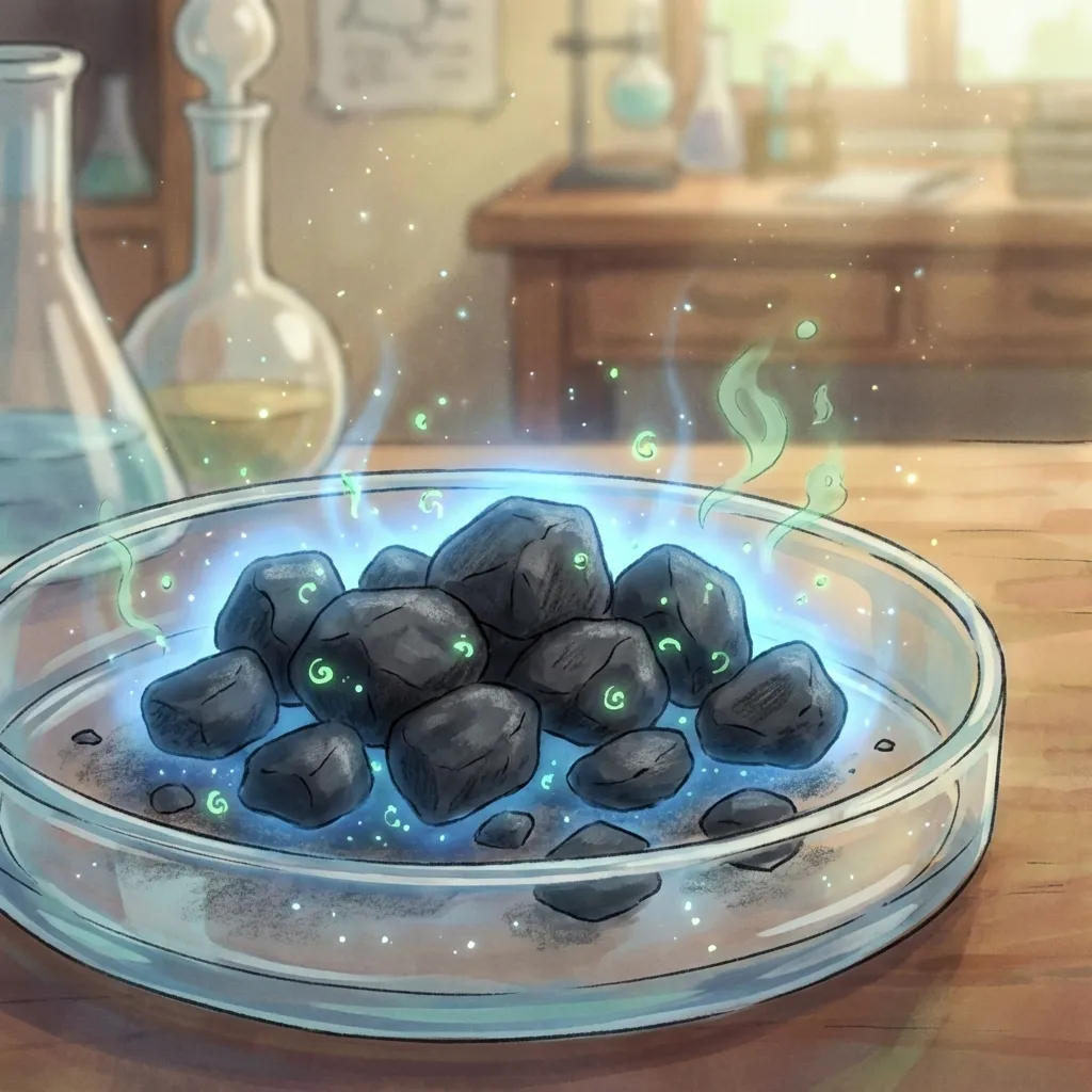 Macro view of activated carbon granules trapping green odor molecules