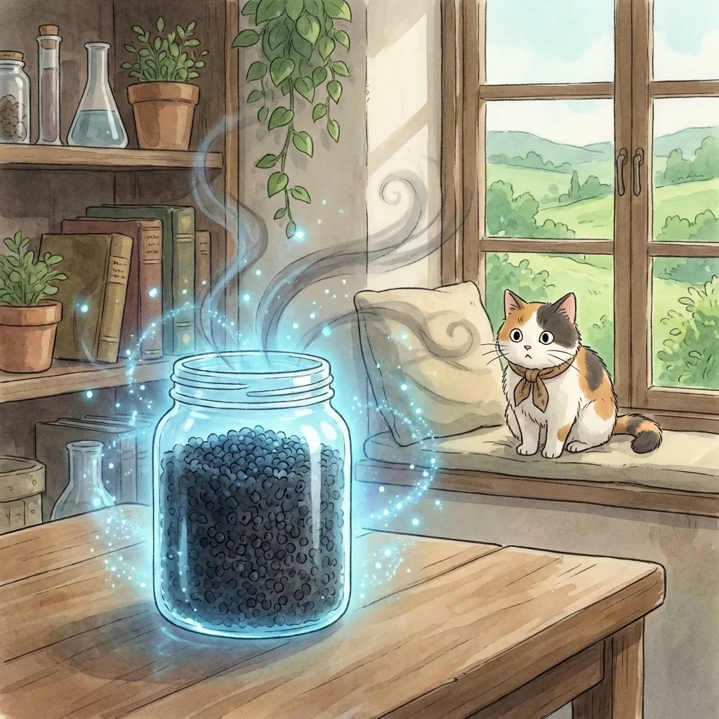 Activated carbon granules mixed with cat litter demonstrating odour trapping technology