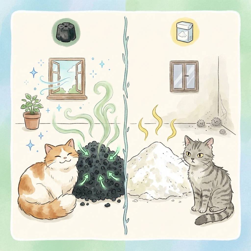 Side-by-side comparison of baking soda and activated charcoal for cat litter odor control