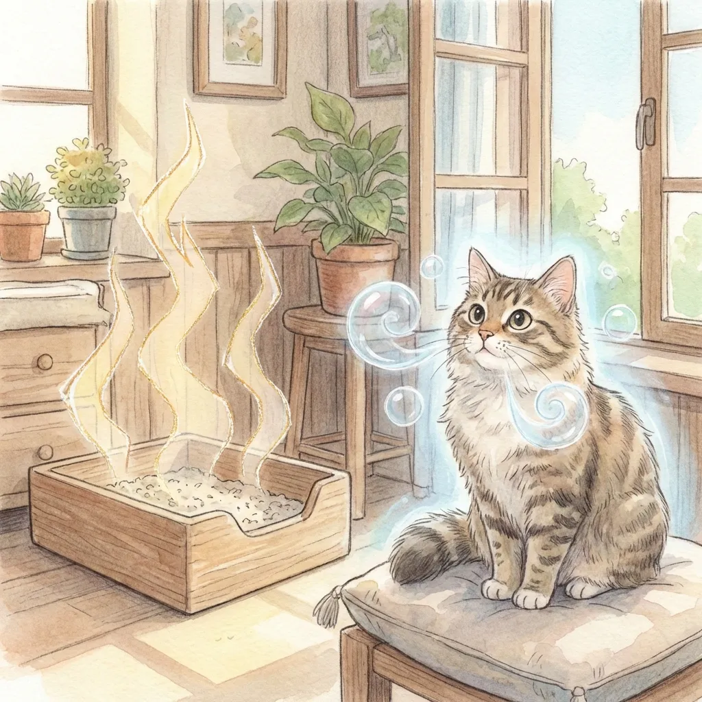 Sharp yellow ammonia haze rising from a litter box while a cat breathes pure air nearby