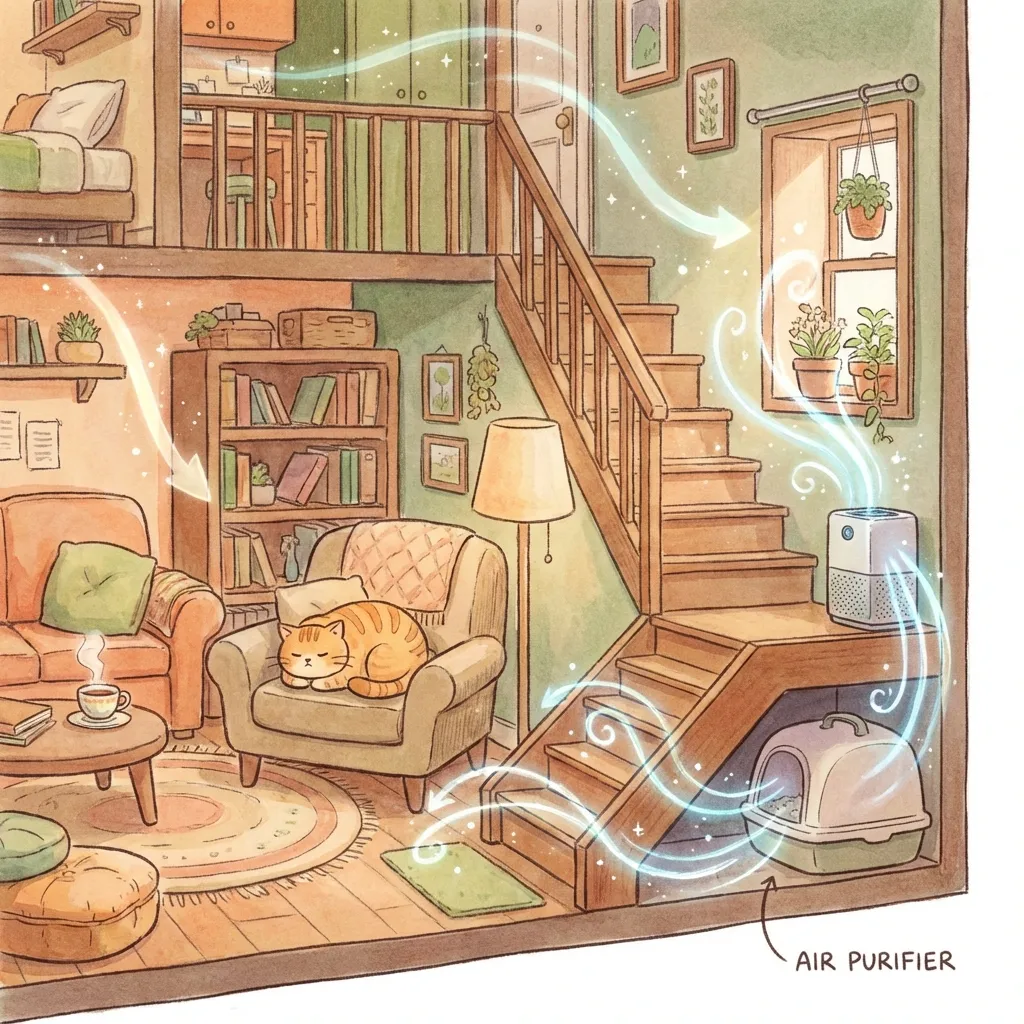 Ghibli-style diagram showing air circulation and odor trapping in a small apartment