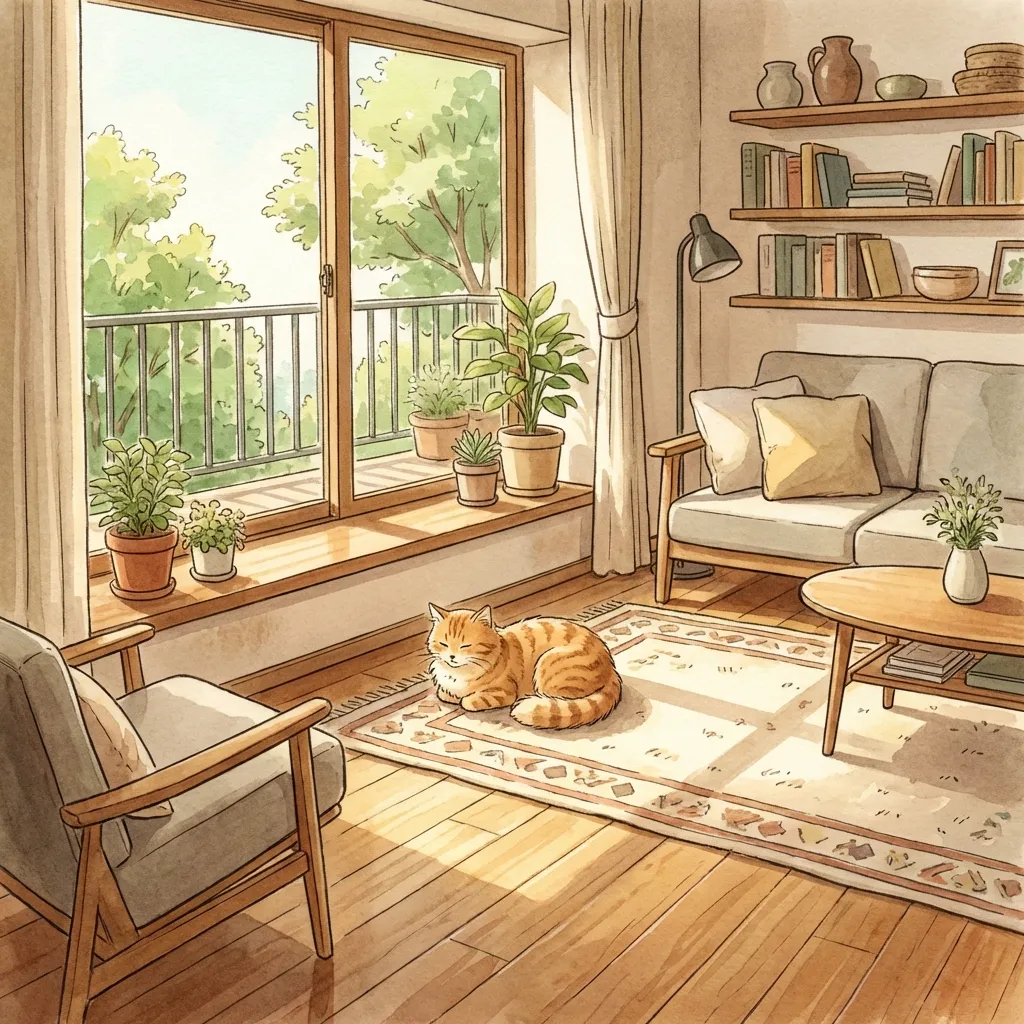 Happy apartment dweller with cat in odour-free small space living environment