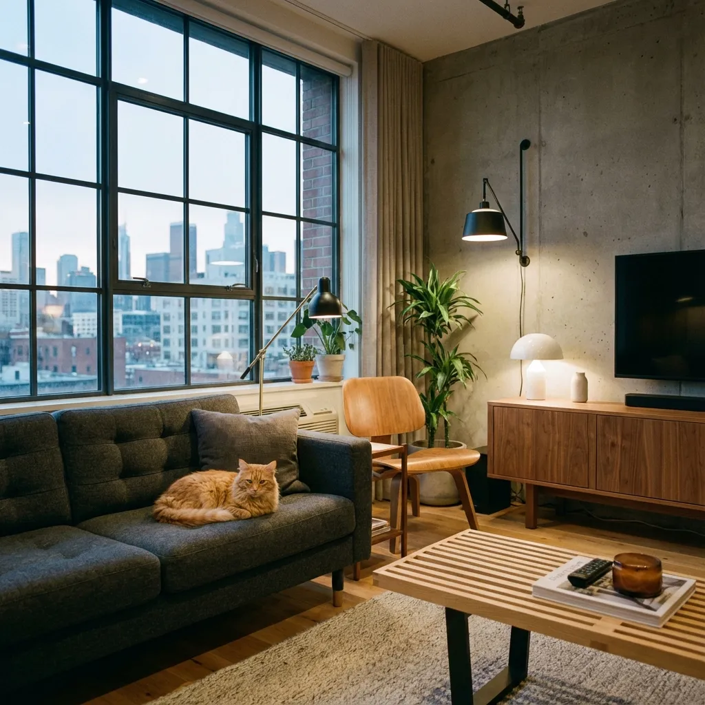 Modern apartment living room with strategically placed litter box and odour control solution